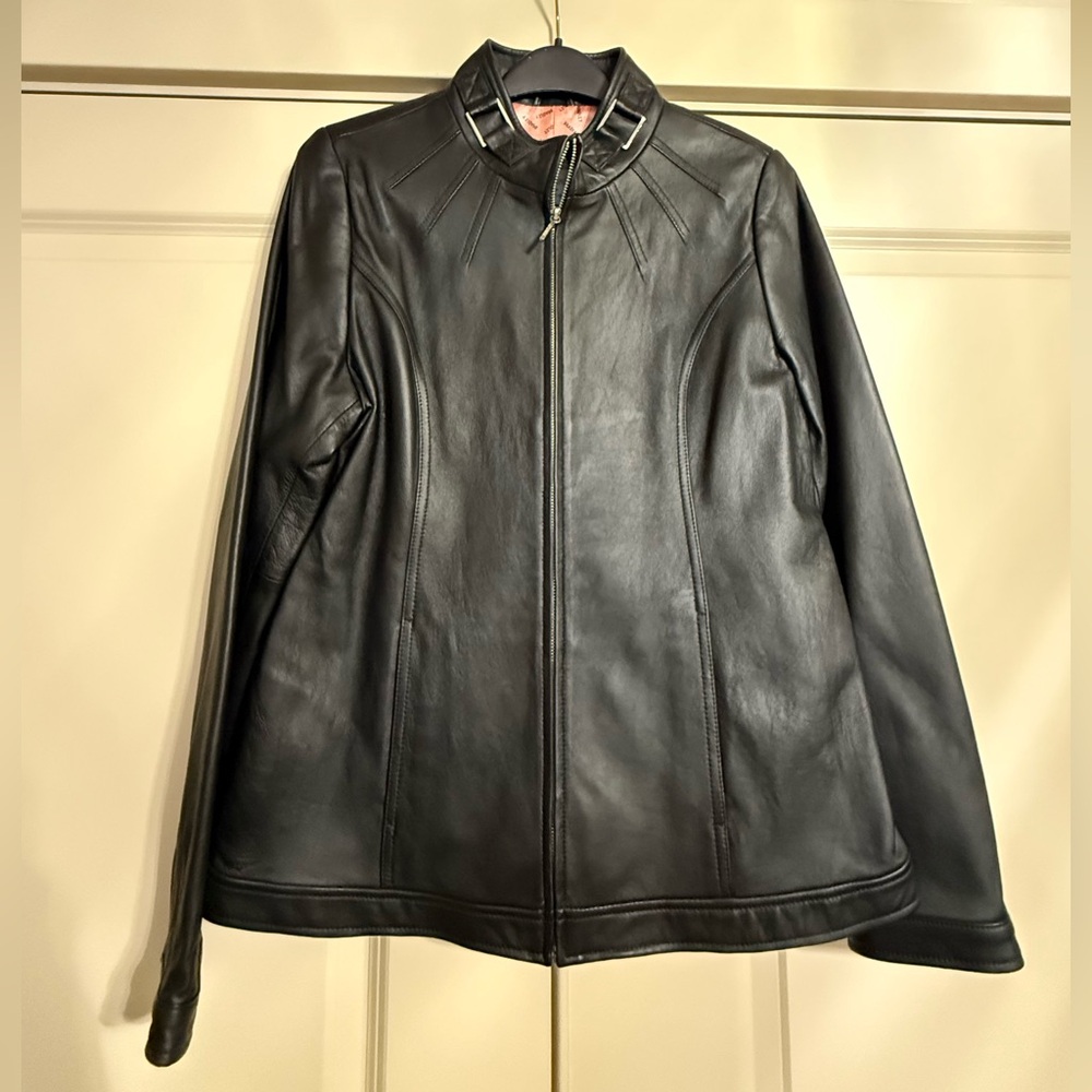 Black Leather Zip-Front Jacket with Stand Collar